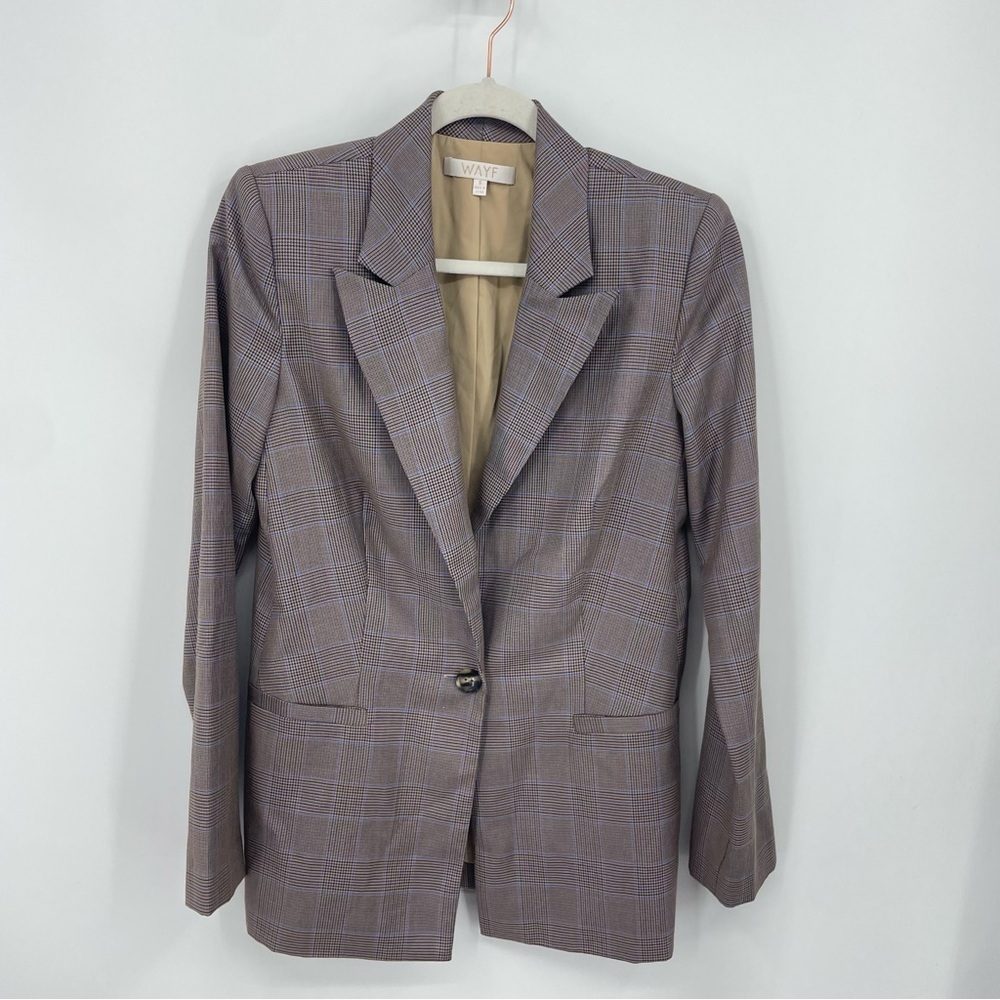 WAYF Goodwin‎ single breasted 1 Button Blazer Jacket check brown blue Sz S